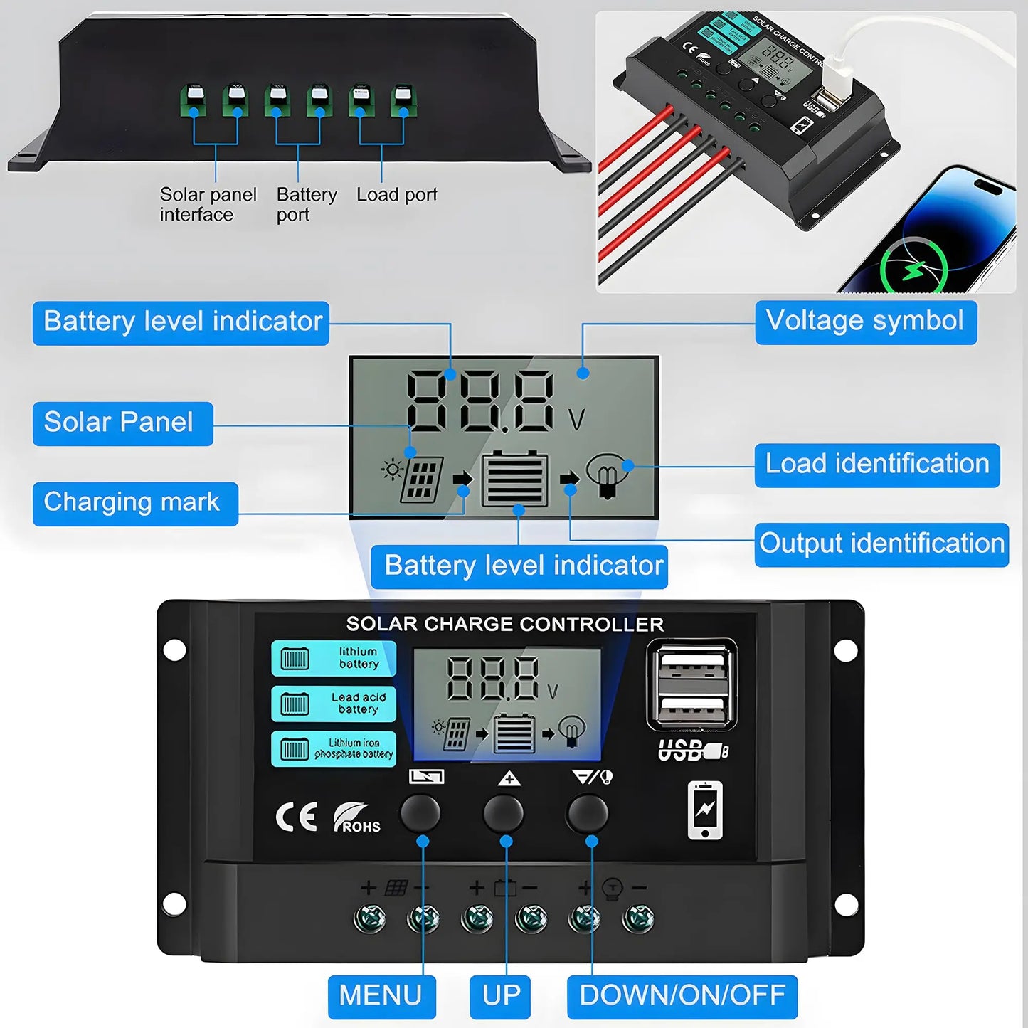 12V/24V 100A Solar Charge Controller AutoSwitch LCD Display with Overcharge/Short Circuit Protection for RV Boat Off-Grid System