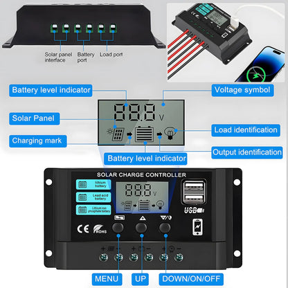 12V/24V 100A Solar Charge Controller AutoSwitch LCD Display with Overcharge/Short Circuit Protection for RV Boat Off-Grid System
