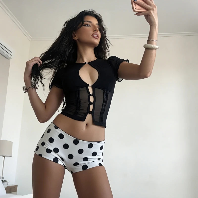 Hugcitar Fashion 2 Pcs Sets Mesh Black Short Sleeve Buttons Hole Sexy Sheer Crop T-Shirt Polka Dot Print Shorts Vacation Outfit
