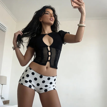 Hugcitar Fashion 2 Pcs Sets Mesh Black Short Sleeve Buttons Hole Sexy Sheer Crop T-Shirt Polka Dot Print Shorts Vacation Outfit