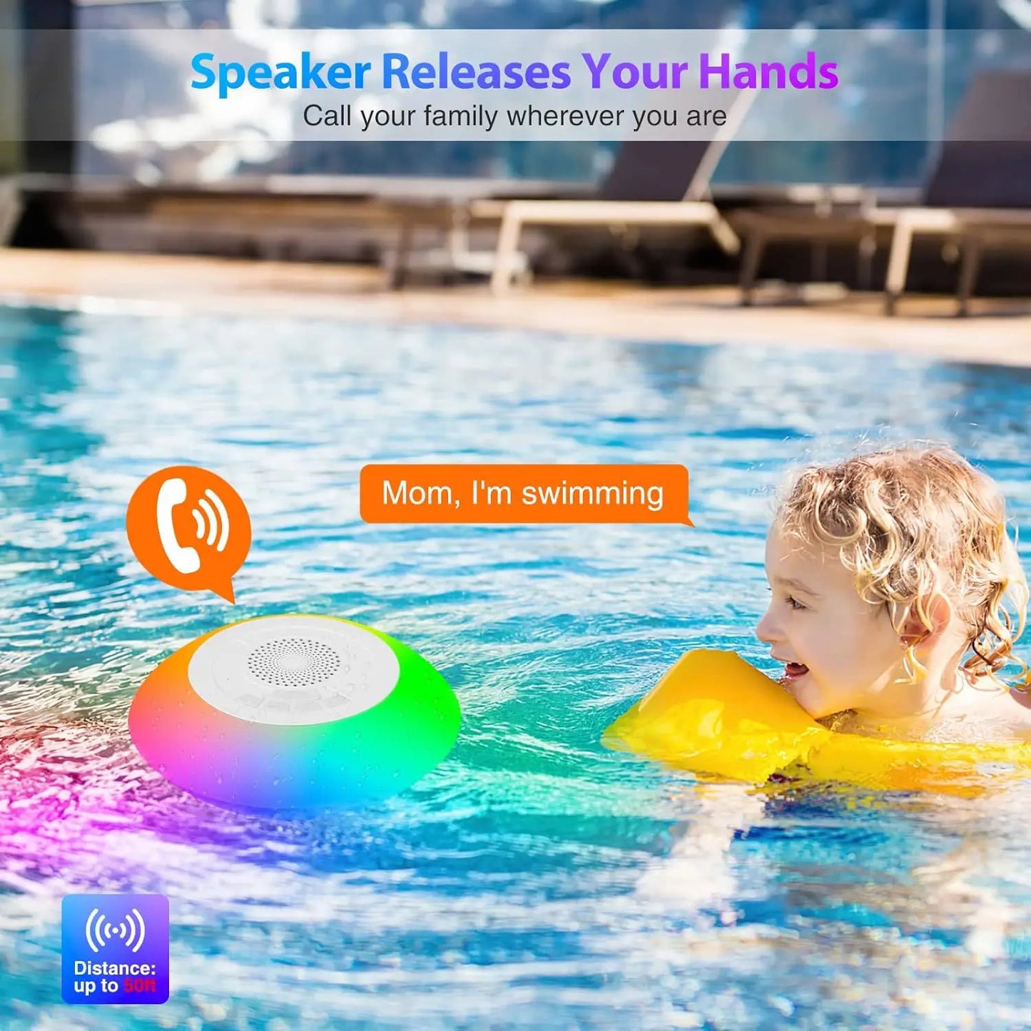 IPX7 Waterproof Bluetooth Speaker with RGB Lights, Floating Pool Speaker for Shower, Beach, Hot Tub, Wireless Portable Audio