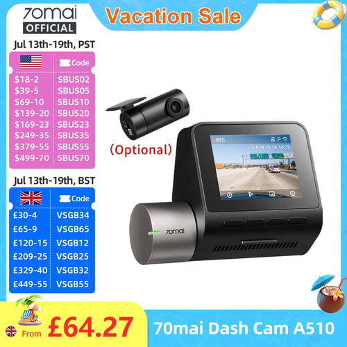 70mai Dash Cam A510 1944P HDR GPS ADAS 4G Connectivity 70mai 4G Front Cam A510 Car DVR 24H Parking Support Rear Cam