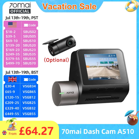 70mai Dash Cam A510 1944P HDR GPS ADAS 4G Connectivity 70mai 4G Front Cam A510 Car DVR 24H Parking Support Rear Cam