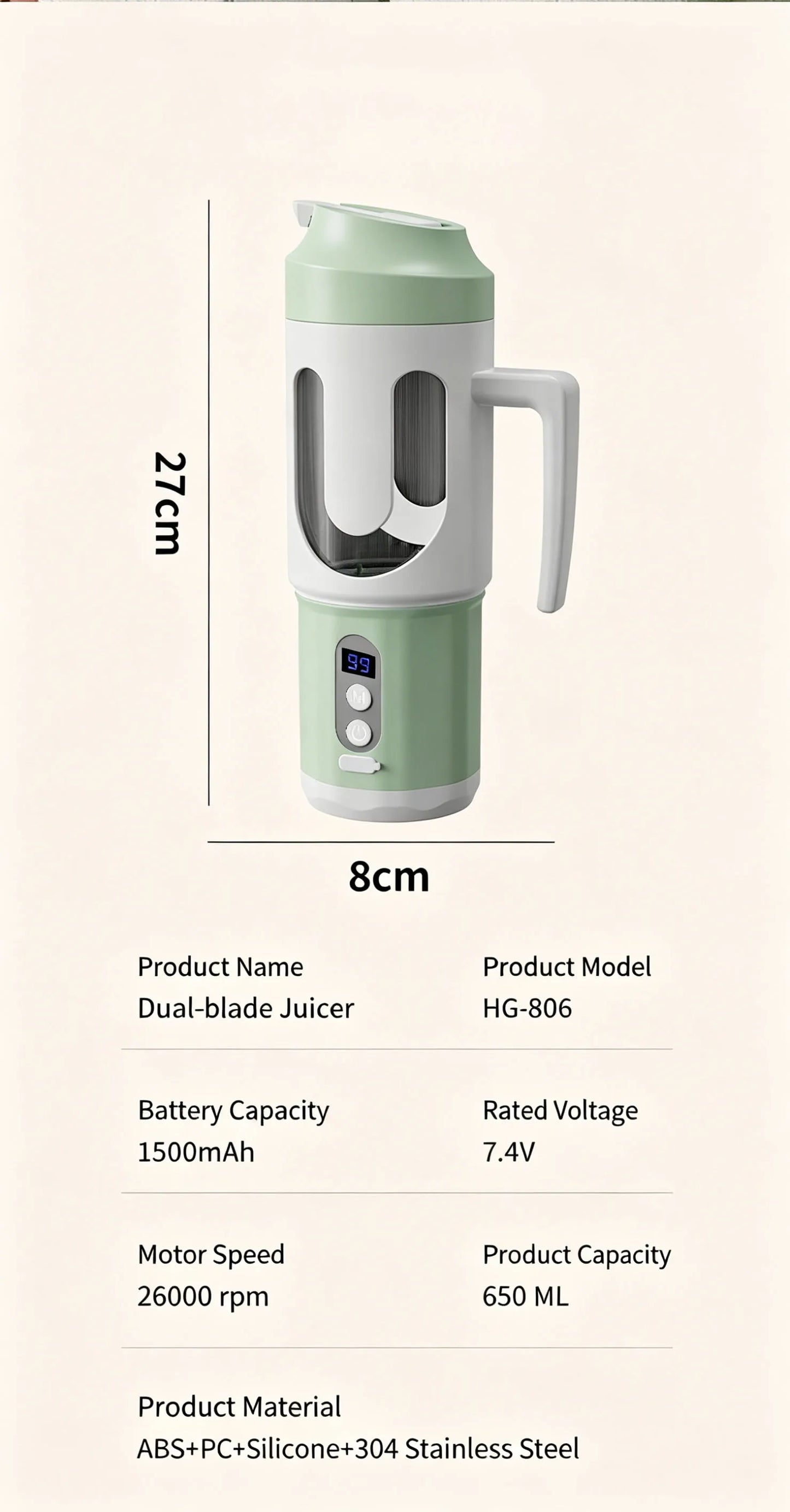 Dual Blades Wireless USB Rechargeable Portable Juicer Cup Multifunctional Fruit Vegetable Blender for Watermelon Fresh Juic