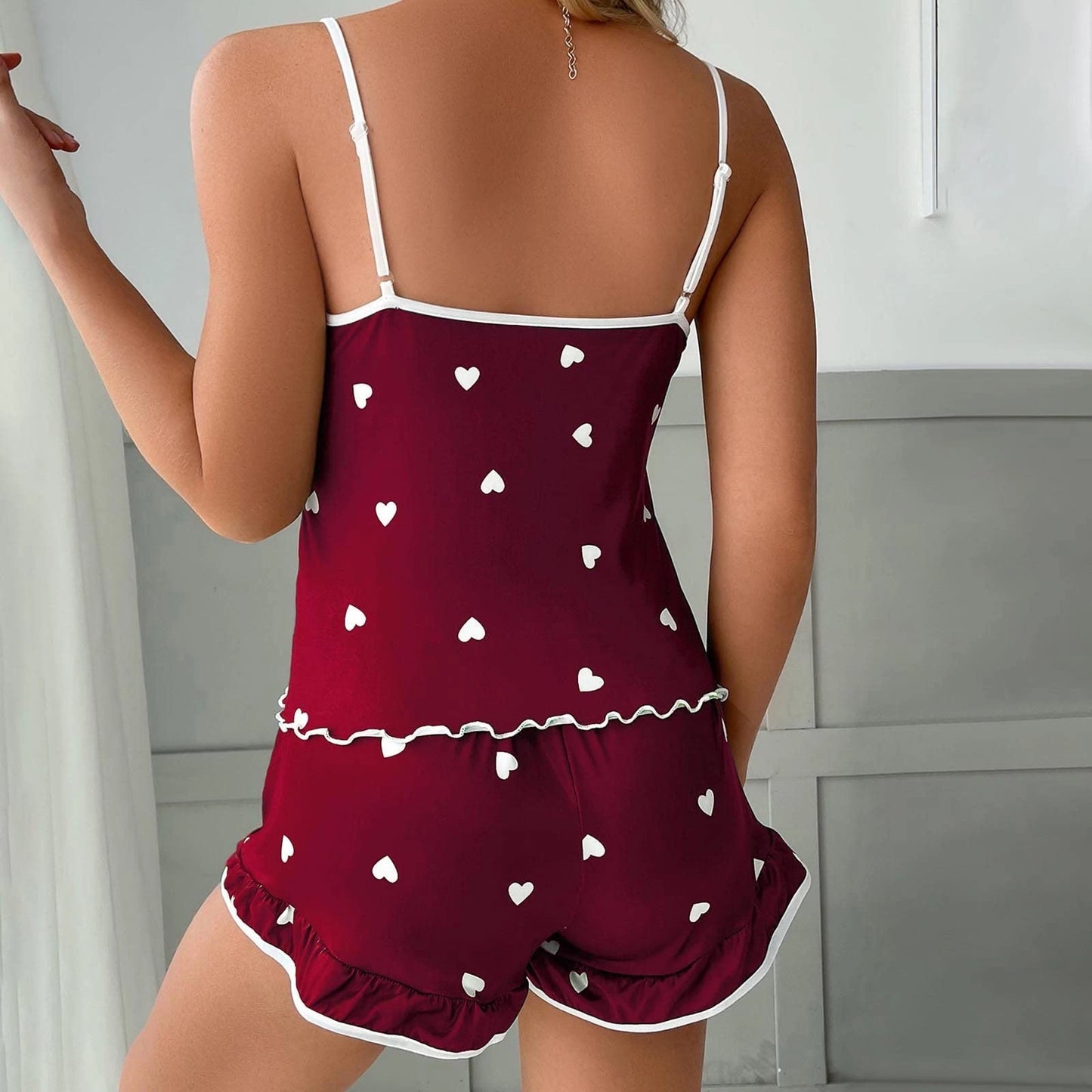 Women Summer Sleepwear Set Camisole Shorts Pajama Set Milk Silk Heart Print V Neck Sleeveless Sexy Loungewear Homewear