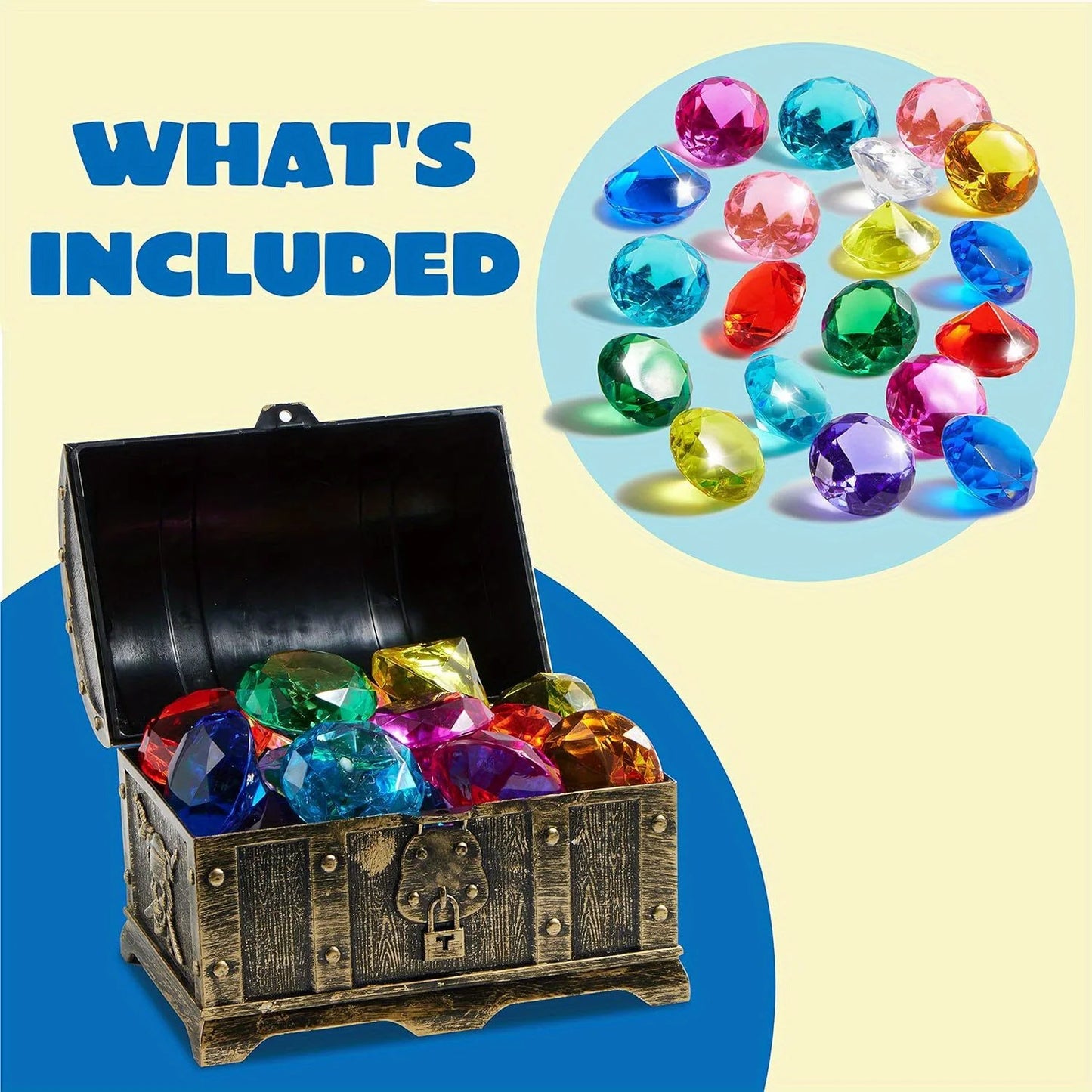 Joyfy Diving Gems Pool Toys 16 Big Colorful Diamond with Pirate Treasure Chest for Kids Underwater Gemstone Swimming Train Gift