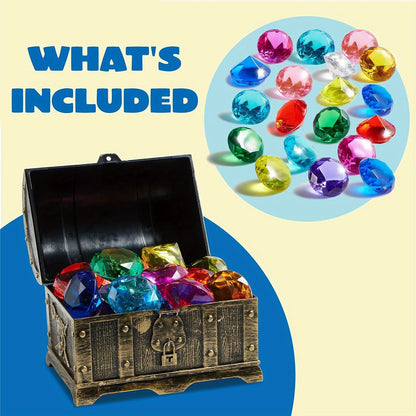 Joyfy Diving Gems Pool Toys 16 Big Colorful Diamond with Pirate Treasure Chest for Kids Underwater Gemstone Swimming Train Gift