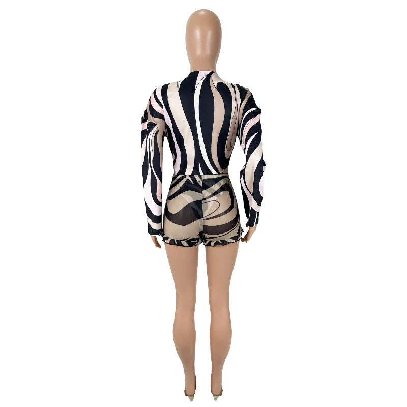 Sexy Stripe Print V-neck Long Sleeve Blouse Top and Sheer Mesh Shorts Two-piece Set Women Bodysuit Summer Sets Womens Outfits