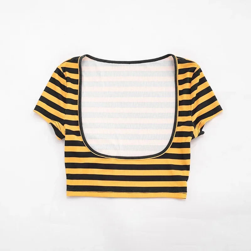 Women Striped Print 3 Piece Short Sets Summer Sexy Halter Lace-up Bra Short Sleeve Crop Top Shorts Matching Sets Beach Vacation