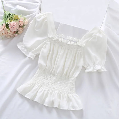 Puff Short Sleeve Ruffles Shirts Square Collar Chiffon Blouses Women Summer Pullover Blouse Ladies Shirt Female Crop Tops