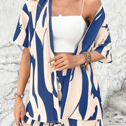 Elegant Summer Print Women's Set For Casual Vacation Style, Short-sleeved Shirt And High-waisted Shorts Two-piece Outfit
