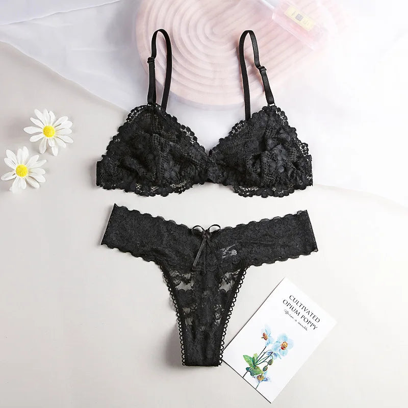 Women's Wireless Lace Bra and Panties Set Sheer Bralette Low Waist Thongs Triangle Cup Sexy Lingerie Set Ladies Underwear S-L