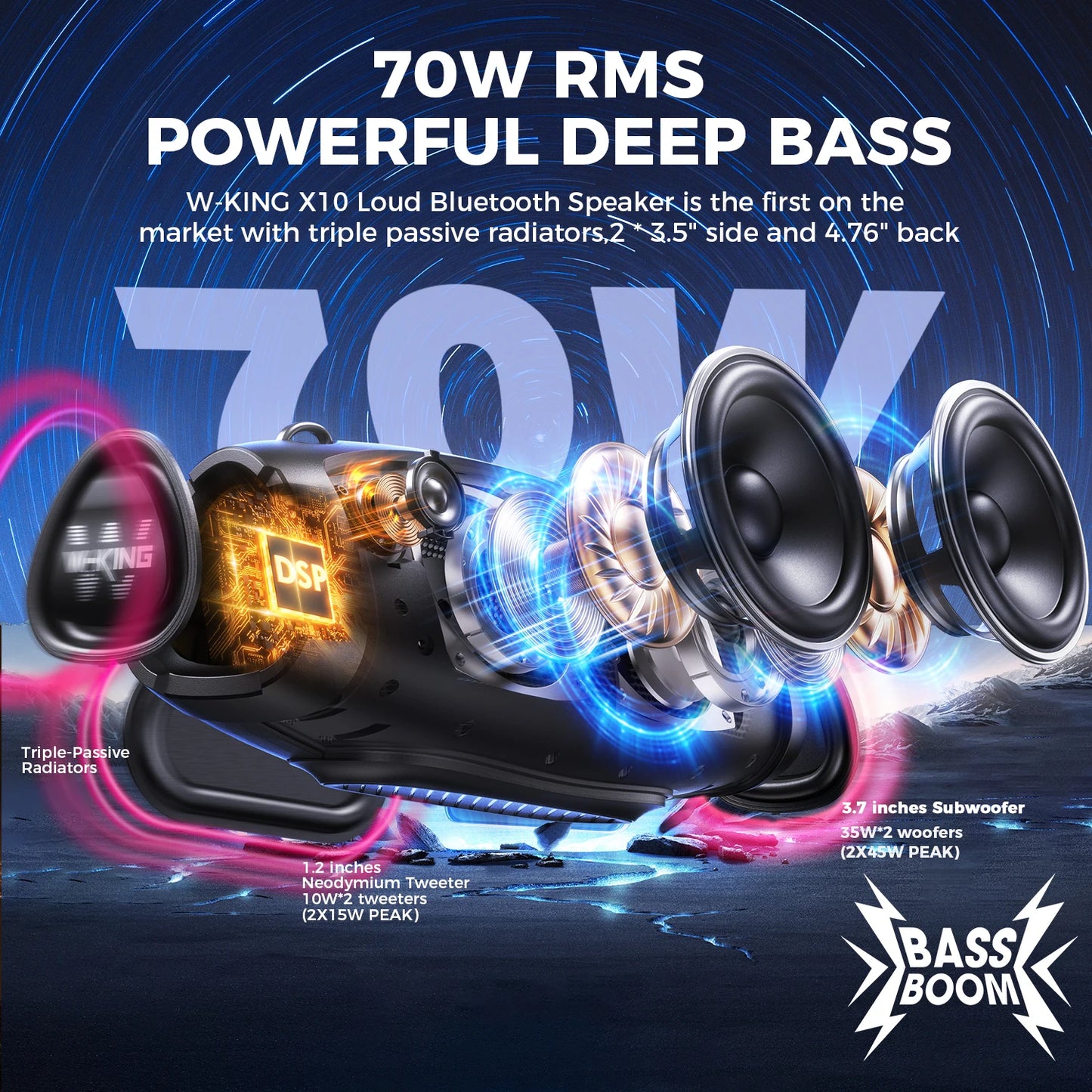 W-KING X10MIC (120W PEAK) 70W Portable Loud Bluetooth Speakers with Wireless Microphone,  Waterproof Outdoor Wireless Bluetooth