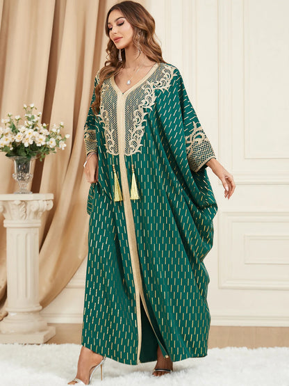 Muslim Dresses Women Elegant Long Robe Middle East Dubai Loose Abaya Bat Sleeve V-neck Tassel Evening Dress Femme Party Vestidos