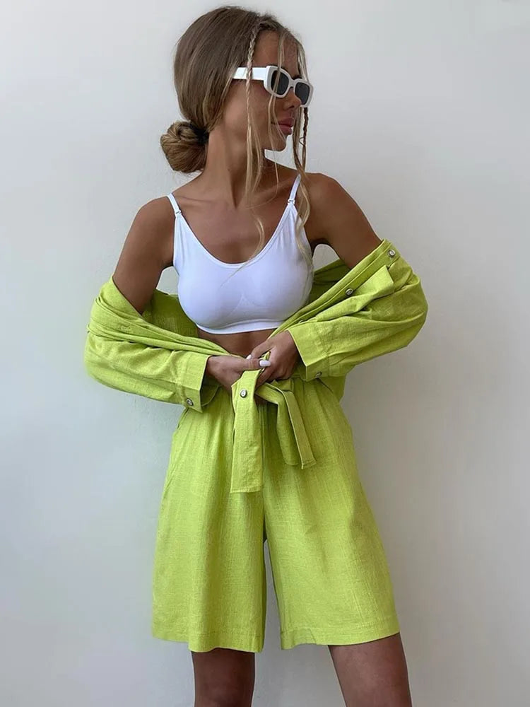 Summer Women's Suit Shirt and Short Sets Solid Color Casual Cotton and Linen Blouse and Shorts Two Piece Sets Women Outfit 2026