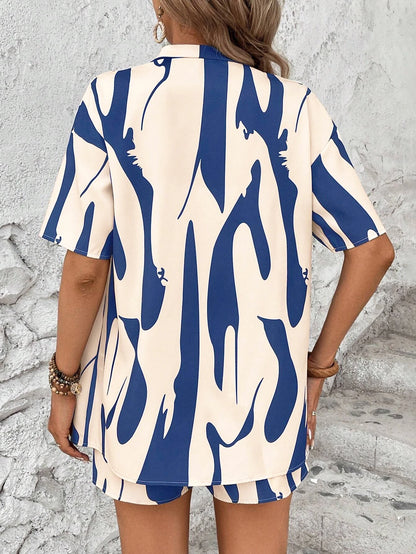 Elegant Summer Print Women's Set For Casual Vacation Style, Short-sleeved Shirt And High-waisted Shorts Two-piece Outfit