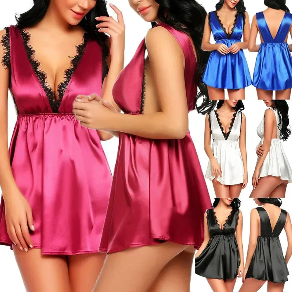 Women Nightgowns Satin Lace Sleepshirts Nightwear Plus Size Pyjama