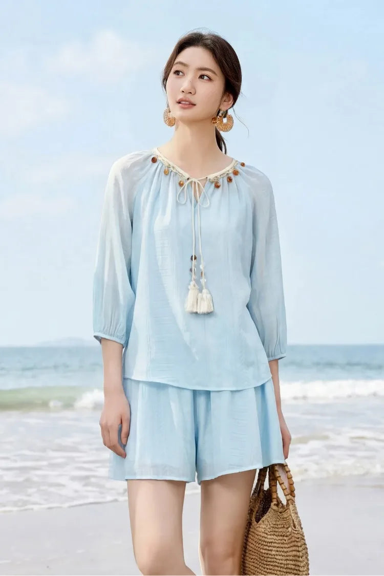 SENTUBILA Women's 2 Piece Bohemian Blouse Summer Set 2026 Beaded Tie Top Elastic Waist Shorts Clothing Set 161ZC4660