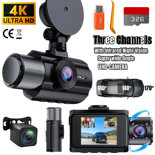 3 Channel Car DVR UHD 4K Dash Cam Three Way Camera DVRs Recorder Video Registrator Dashcam Camcorder Wiht 32G Card-Gift