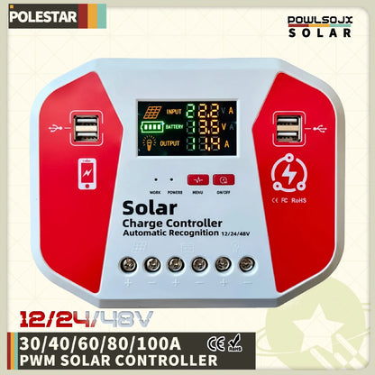 POWLSOJX Solar Charge Controller 30A 40A 60A 80A 100A 12V 24V 48V Auto PV Regulator with LCD Display 4 USB for Lead Acid Li