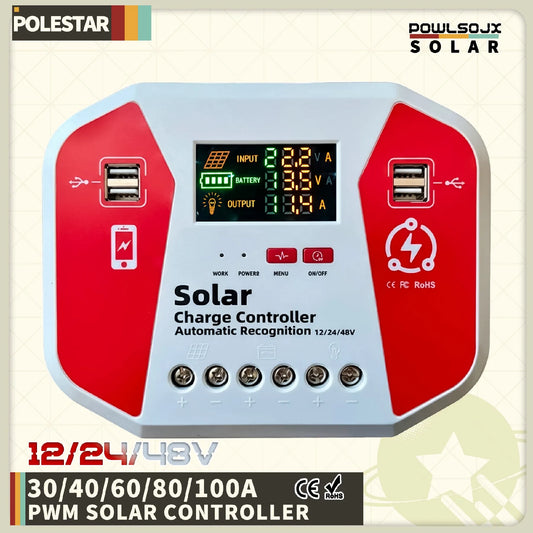 POWLSOJX Solar Charge Controller 30A 40A 60A 80A 100A 12V 24V 48V Auto PV Regulator with LCD Display 4 USB for Lead Acid Li