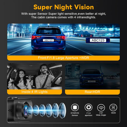3 Channel WiFi 4K Dash Cam Front and Inside DashCam 1080P Rear Camera Night Vision 24H Parking Car DVR Black Box Support GPS