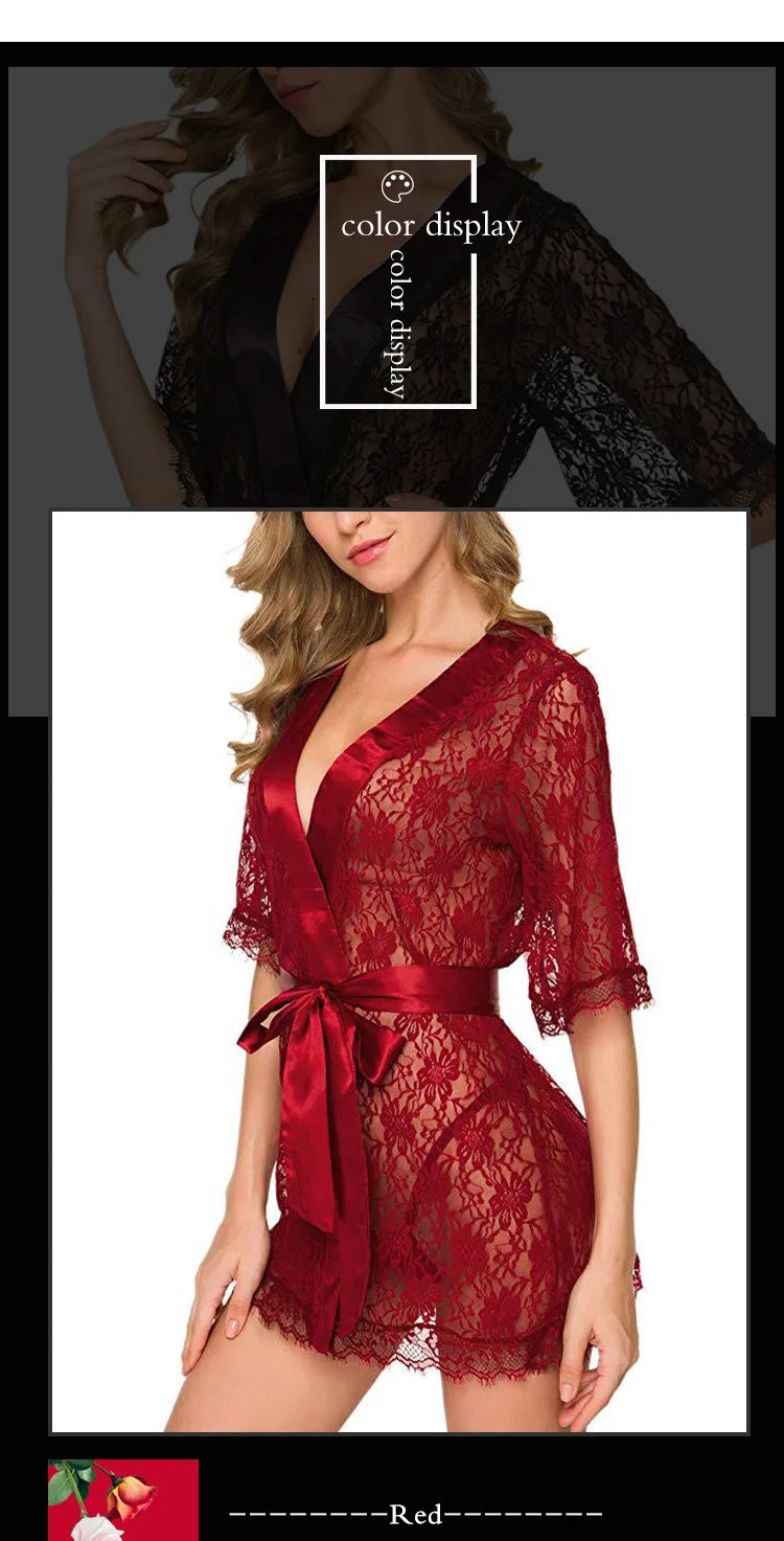 New Hot Sexy Women Floral Lace Lingerie V-Neck Sheer Mesh Nightgown Comfortable Ladies Kimono Nightdress Sleepwear