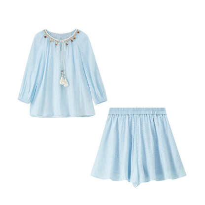 SENTUBILA Women's 2 Piece Bohemian Blouse Summer Set 2026 Beaded Tie Top Elastic Waist Shorts Clothing Set 161ZC4660