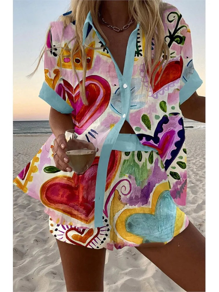 Casual Women Printed Blouse Shorts Two Pieces Sets Lapel Short Sleeve Button Shirt Suit Female New Summer Beach Holiday Outfits
