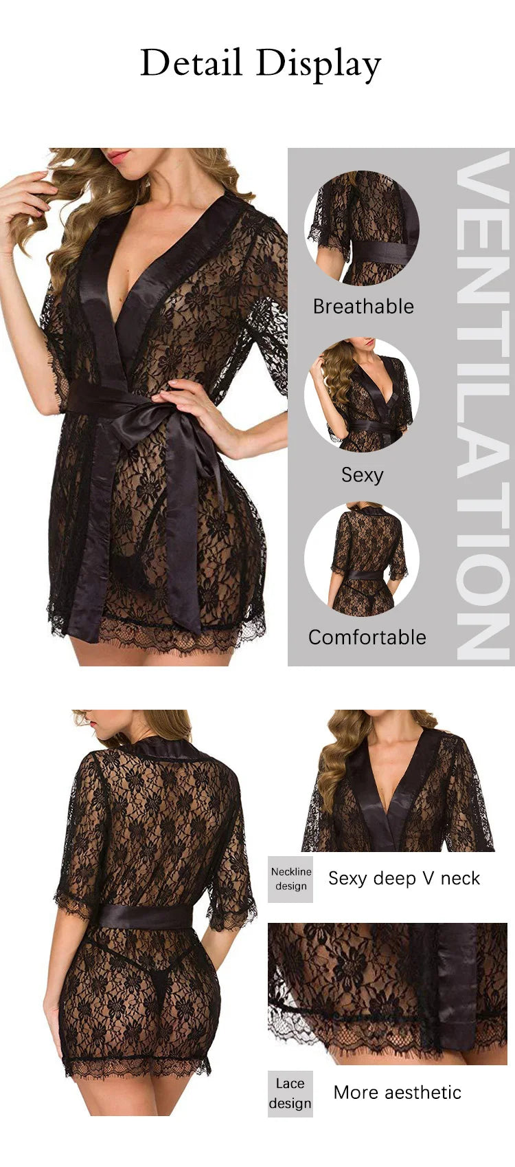 New Hot Sexy Women Floral Lace Lingerie V-Neck Sheer Mesh Nightgown Comfortable Ladies Kimono Nightdress Sleepwear
