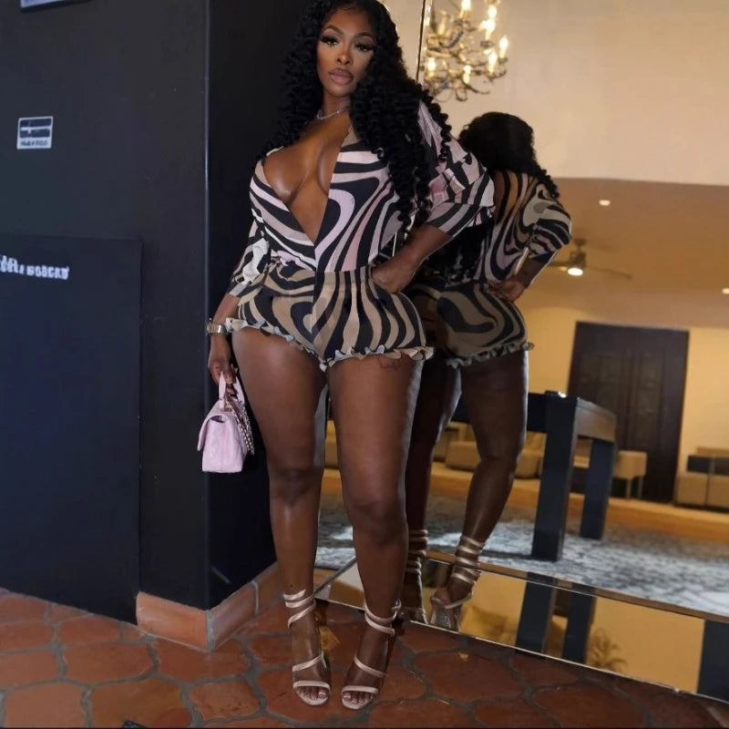 Sexy Stripe Print V-neck Long Sleeve Blouse Top and Sheer Mesh Shorts Two-piece Set Women Bodysuit Summer Sets Womens Outfits