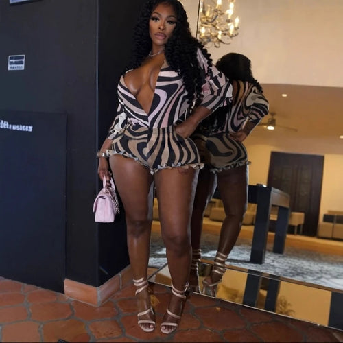 Sexy Stripe Print V-neck Long Sleeve Blouse Top and Sheer Mesh Shorts Two-piece Set Women Bodysuit Summer Sets Womens Outfits