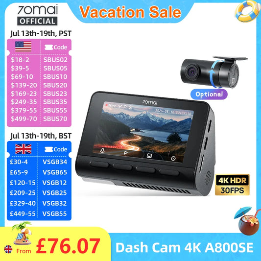 70mai 4K Dash Cam A800SE Upgraded Version of 70mai A800S Voice Control Supercapatior GPS ADAS Car DVR 70mai A800SE UHD Wifi 6