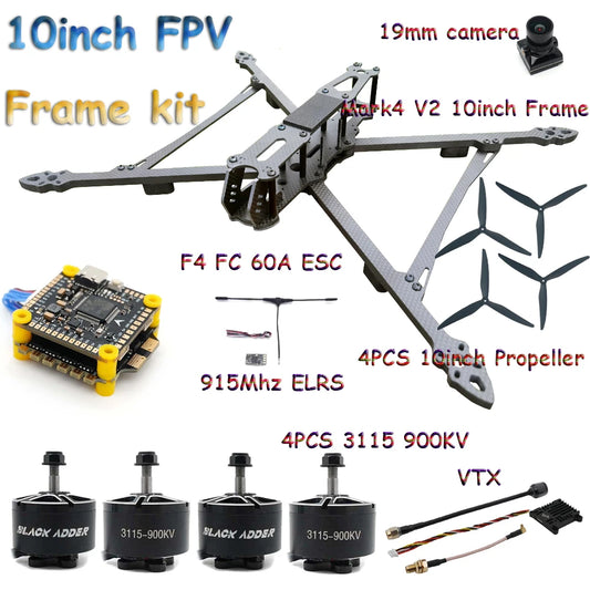 Mark4 V2 10inch FPV Frame Combo Set F405 V3S FC 60A 4-in-1 ESC 3115 900KV Motor Propeller ELRS for RC FPV Freestyle Racing Drone
