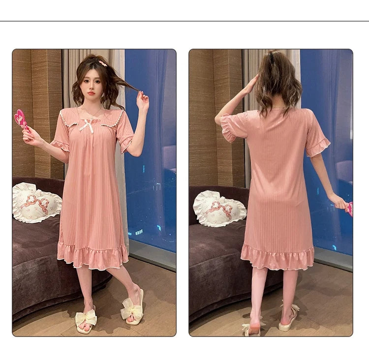 Hot Summer Plus Size Sexy Lace V-neck Short Sleeve Cotton Nightgowns for Women Cute Sleepwear Night Dress Nightdress Home Nighty