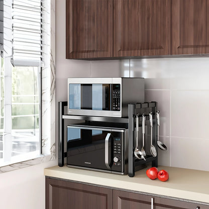 Expandable Microwave Shelf, Microwave Holder with 6 Hooks, Kitchen Storage Rack, Microwave Baking Rack, Extendable 40-64cm