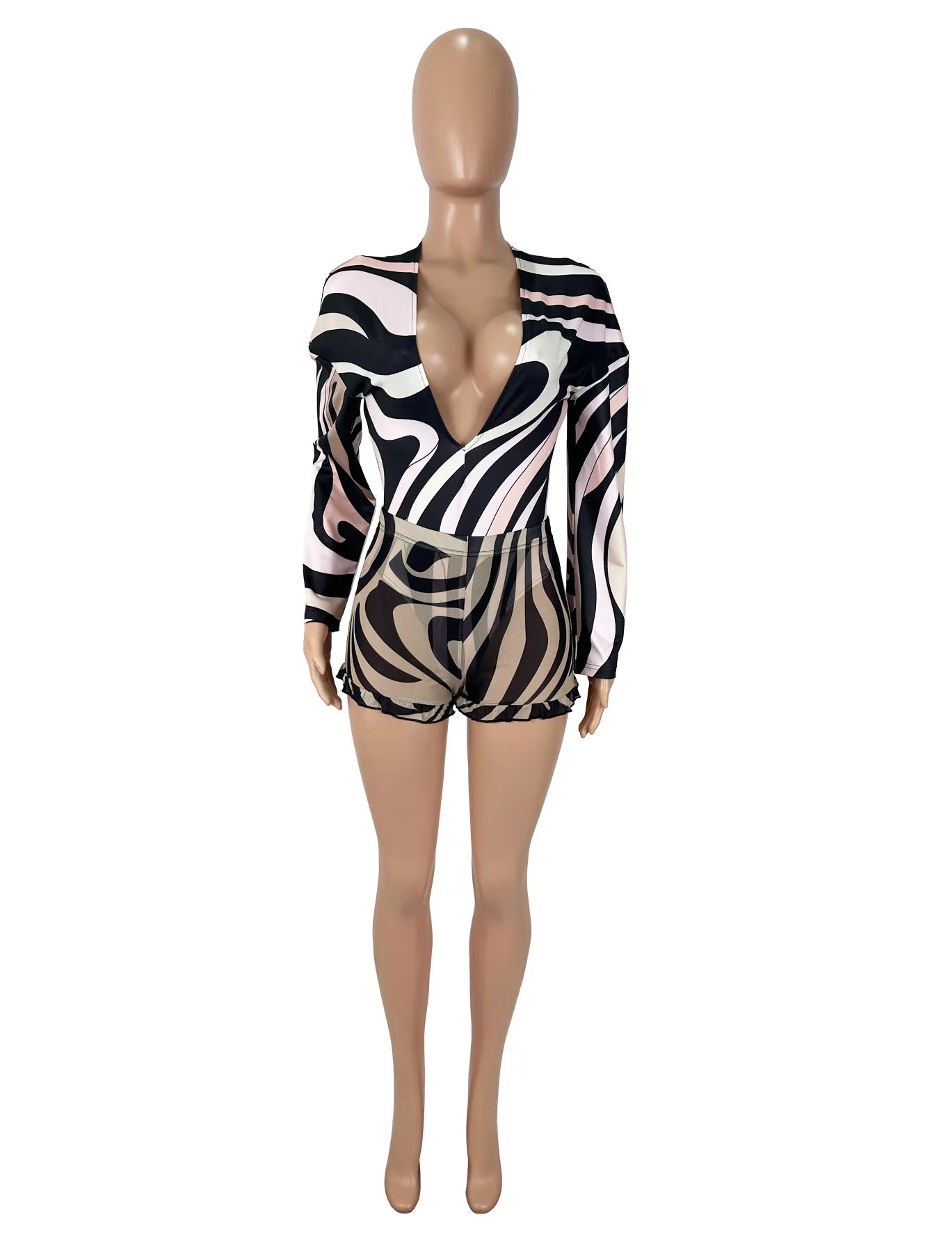 Sexy Stripe Print V-neck Long Sleeve Blouse Top and Sheer Mesh Shorts Two-piece Set Women Bodysuit Summer Sets Womens Outfits