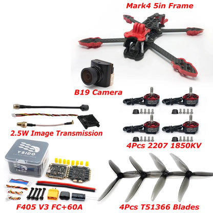 Mark4 5inch Frame Kit F405 V3 FC 60A ESC Stack 2207 1850KV Brushless Motor Propeller B19 Camera 915MHz ELRS RC FPV Racing Drone