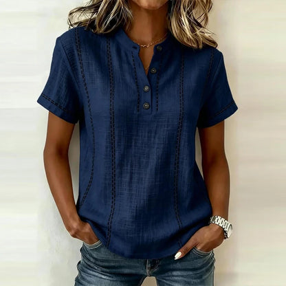 Elegant Women Blouse Shirt V Neck Button Patchwork Short Sleeve Shirts For Women Summer Striped Loose Tee Women Casual T-shirts