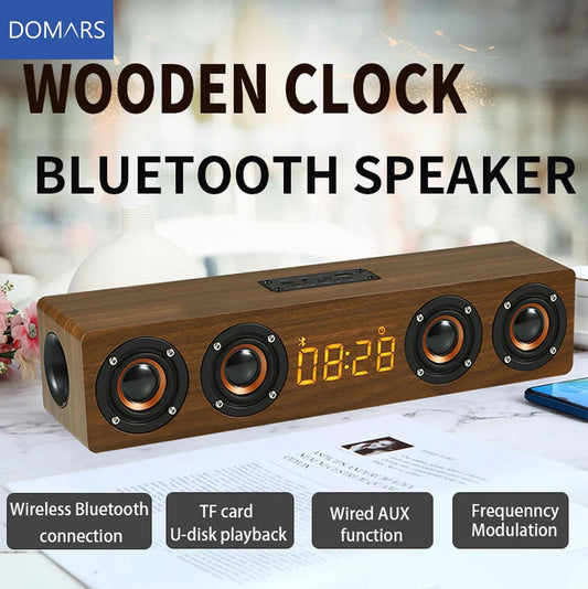 Domars Wireless Bluetooth 5.0 Speakers Wooden Alarm Clock Display Sound System Player with AUX TF FM Radio Subwoofer Box