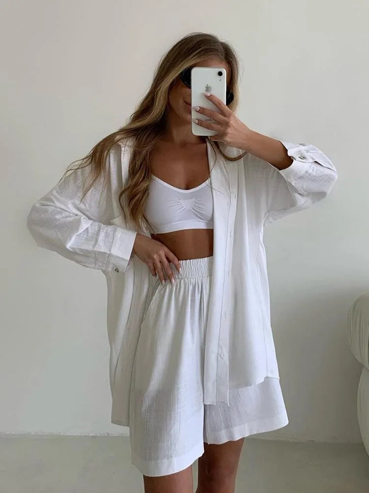 Summer Women's Suit Shirt and Short Sets Solid Color Casual Cotton and Linen Blouse and Shorts Two Piece Sets Women Outfit 2026