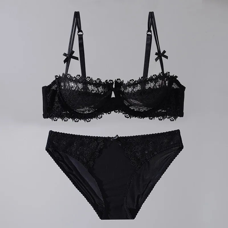 New Arrival Sweet Spicy Lace Lingerie Set Ultra Thin Half Cup Push Up Bra Soft Underwire Anti Sag Comfortable Women Wear