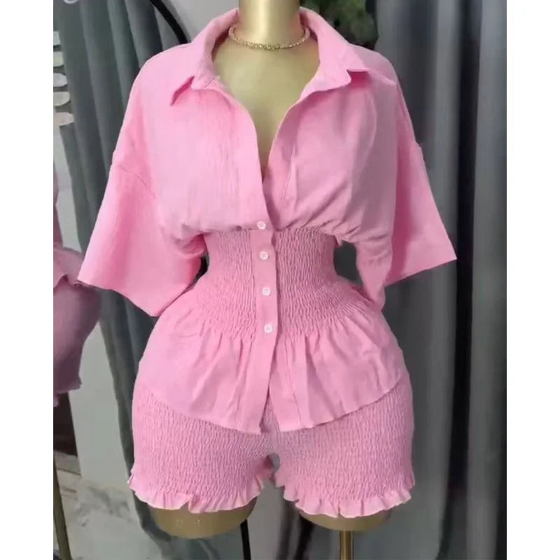 Elegant New Design WomenSummer Two Piece Set Solid Color Short Sleeve Elastic Waist Ruffles Hem Blouse Top And Folds Shorts Set