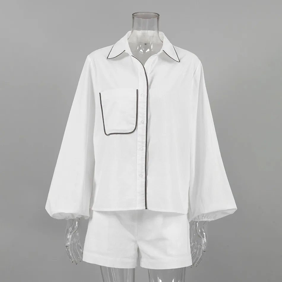 New in Summer Women's Elegant Set   Cotton Linen Long-Sleeved Black White Contrasting Color Design Shirt Shorts Two-Piece