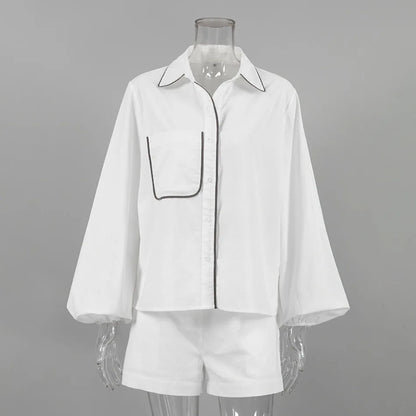 New in Summer Women's Elegant Set   Cotton Linen Long-Sleeved Black White Contrasting Color Design Shirt Shorts Two-Piece