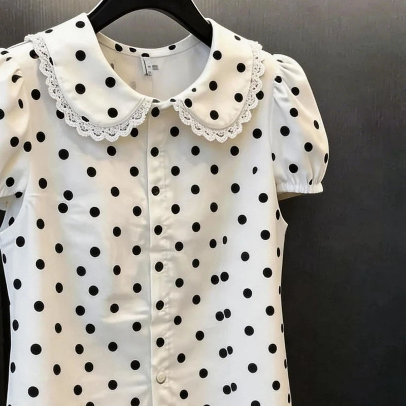 Summer Women's Doll Collar Short-sleeved Blouse Dot Pattern Elegant Lace Trim Sweet Buttons Shirts Tees Korean-style Chic Shirt