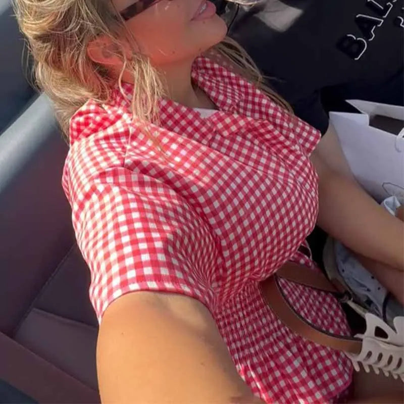 2025 Summer New Sweet Style Red and White Plaid Short Sleeve Shirt Collar Shorts Set