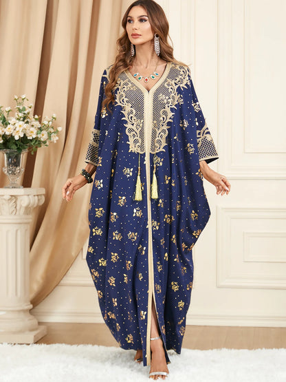 Muslim Dresses Women Elegant Long Robe Middle East Dubai Loose Abaya Bat Sleeve V-neck Tassel Evening Dress Femme Party Vestidos