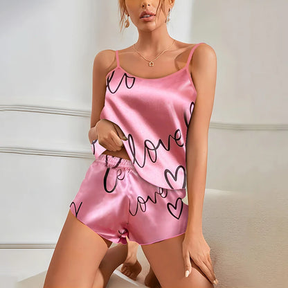 Women Sexy V Neck Sleepwear Heart Print Satin Pajama Set for Summer Cami Tops and Shorts Pajamas 2 Piece Loungewear Home Clothes