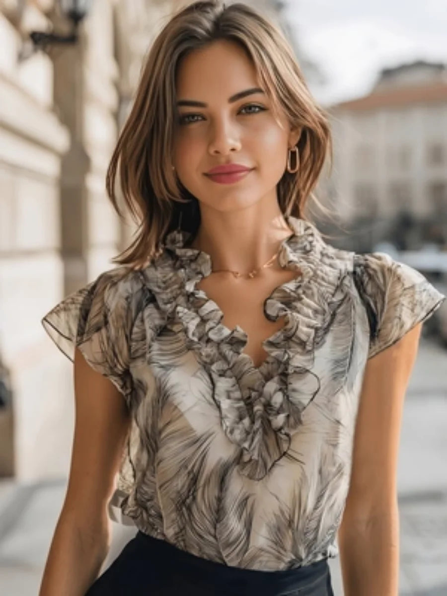 Women Feather Print Chiffon Blouse, Elegant Ruffle V-Neck Cap Sleeve Top, Casual Office Workwear Shirt for Spring Summer